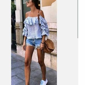 Zara 💙🤍 Woman Blue White Striped Cold Shoulder Ruffle Blouse Size XXS